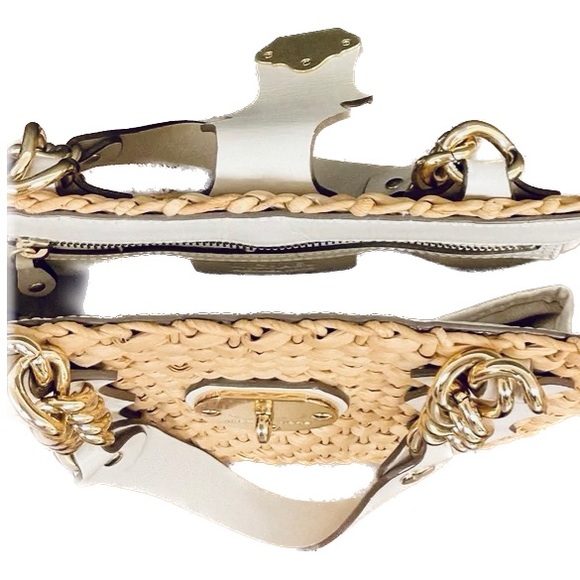 Michael Kors White Leather Santorini Raffia Large Straw Woven Tote Bag. - Picture 10 of 16